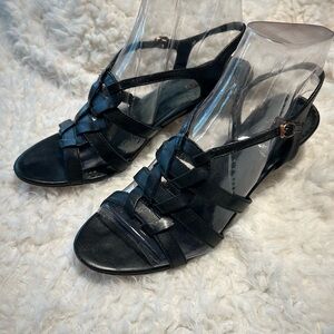 Antia Shoes Strappy Black Leather Sandals on a low 2”block heel | Size 9 NARROW